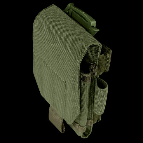 The Condor Tech Sheath Plus is a green tactical pouch made of durable fabric with multiple compartments and loops, displayed in a vertical orientation.